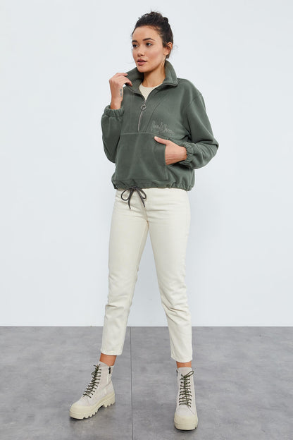Half Zipper Skirt with Gathered Hem Women's Polar Oversize Sweatshirt - 97171