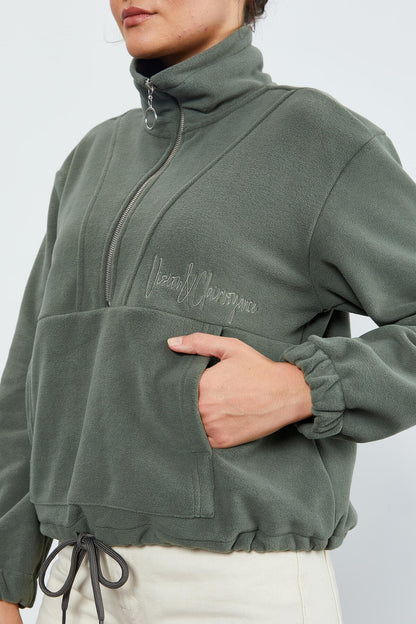 Half Zipper Skirt with Gathered Hem Women's Polar Oversize Sweatshirt - 97171