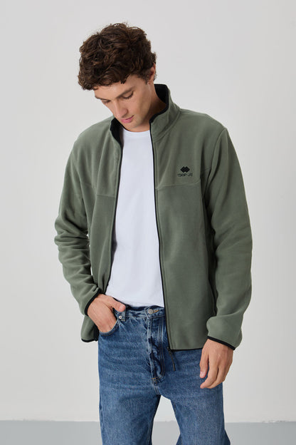 Spring Seedling Embroidered High Collar Zippered Standard Fit Men's Sweatshirt Fleece - 87992