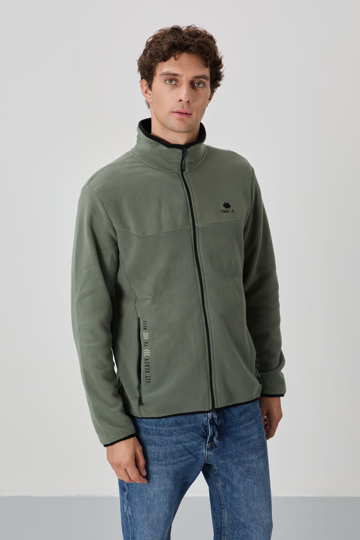 Spring Seedling Embroidered High Collar Zippered Standard Fit Men's Sweatshirt Fleece - 87992