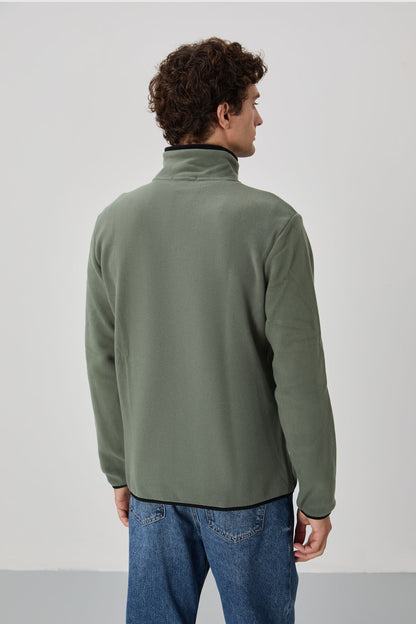 Spring Seedling Embroidered High Collar Zippered Standard Fit Men's Sweatshirt Fleece - 87992