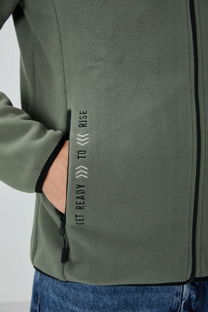 Spring Seedling Embroidered High Collar Zippered Standard Fit Men's Sweatshirt Fleece - 87992