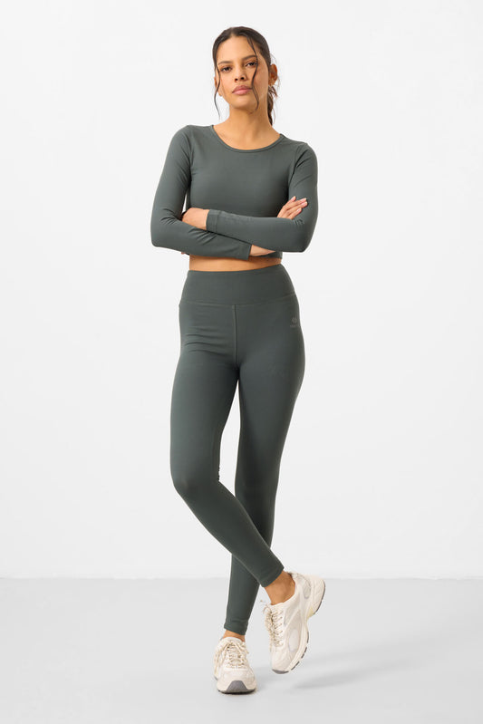 High Waist Long Sleeve Slim Fit Crop Top Women's Tights Set - 95286