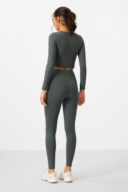 High Waist Long Sleeve Slim Fit Crop Top Women's Tights Set - 95286