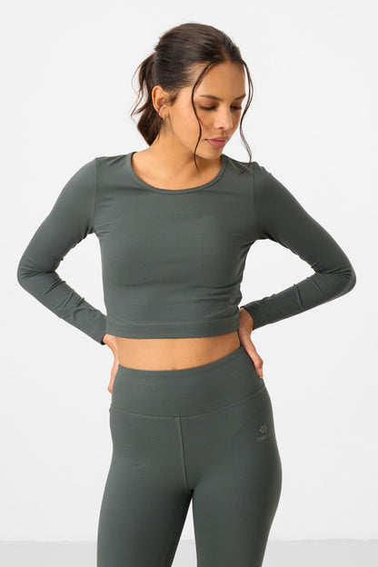 High Waist Long Sleeve Slim Fit Crop Top Women's Tights Set - 95286