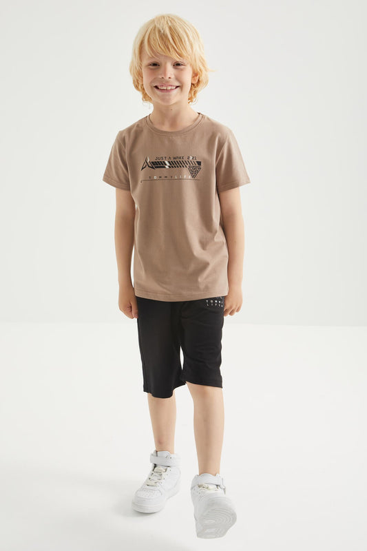 Camel - Black Print Detailed O Collar Short Sleeve Boys Shorts Set - 10944
