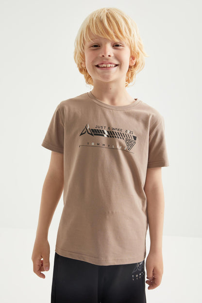 Camel - Black Print Detailed O Collar Short Sleeve Boys Shorts Set - 10944