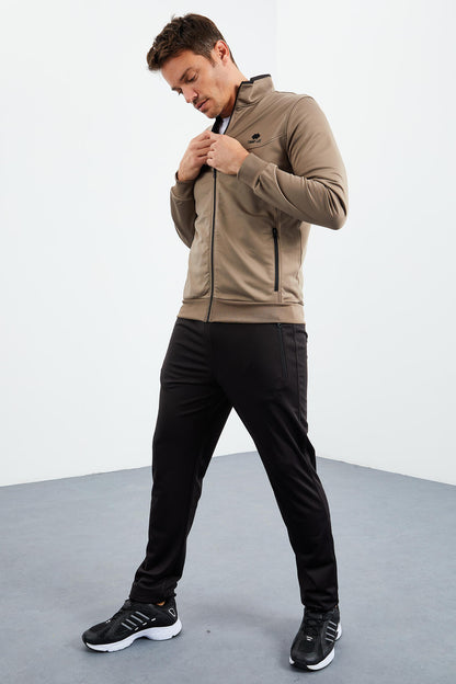 Camel - Black High Collar Zippered Standard Fit Classic Cuff Men's Tracksuit Set - 85162