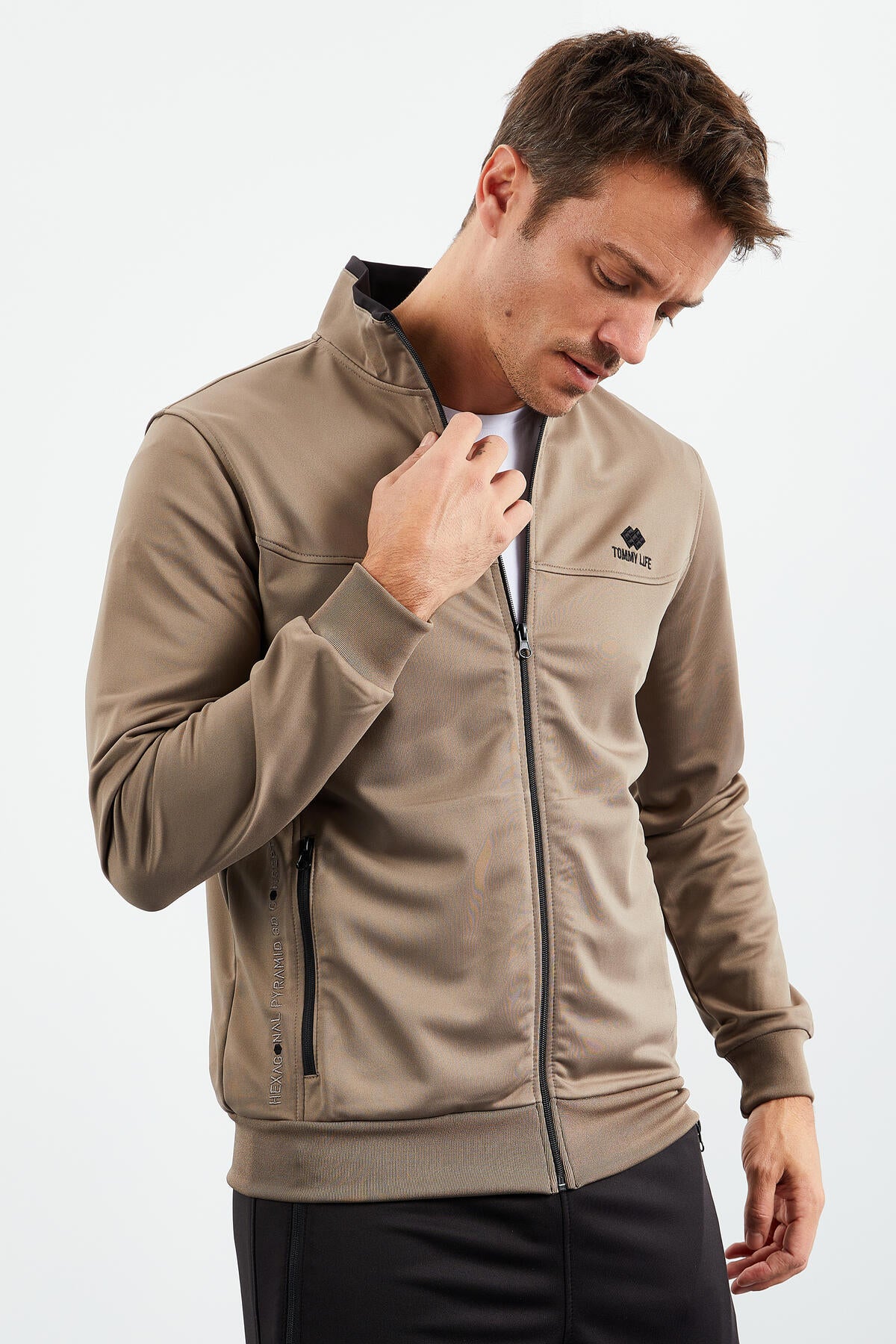 Camel - Black High Collar Zippered Standard Fit Classic Cuff Men's Tracksuit Set - 85162