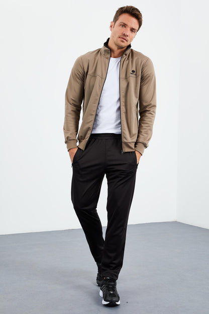 Camel - Black High Collar Zippered Standard Fit Classic Cuff Men's Tracksuit Set - 85162