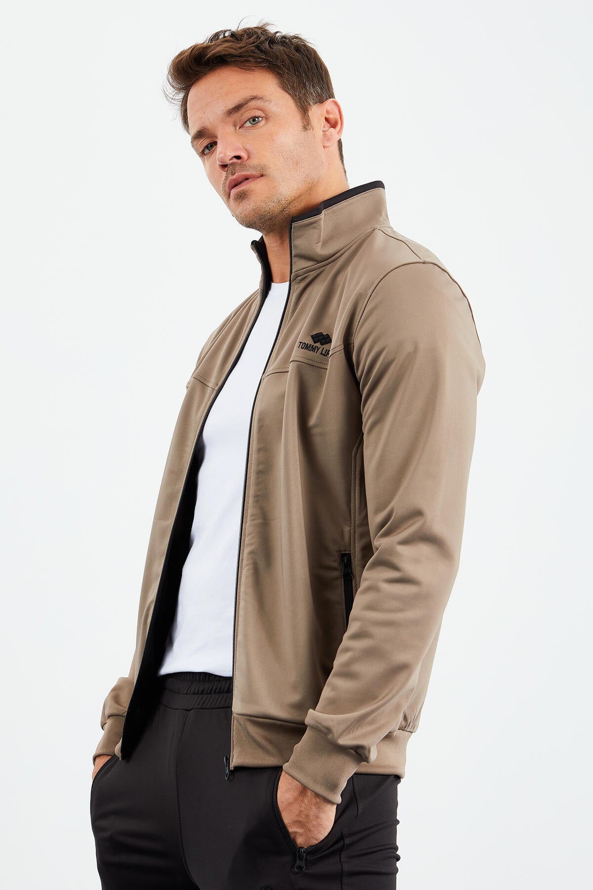 Camel - Black High Collar Zippered Standard Fit Classic Cuff Men's Tracksuit Set - 85162