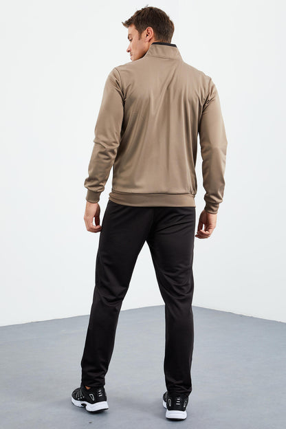 Camel - Black High Collar Zippered Standard Fit Classic Cuff Men's Tracksuit Set - 85162