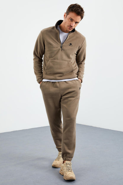 Camel Half Zipper Stand Collar Elastic Cuff Fleece Men's Tracksuit Set - 85159