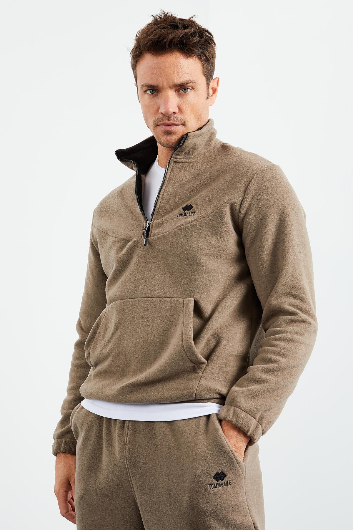 Camel Half Zipper Stand Collar Elastic Cuff Fleece Men's Tracksuit Set - 85159