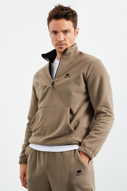 Camel Half Zipper Stand Collar Elastic Cuff Fleece Men's Tracksuit Set - 85159