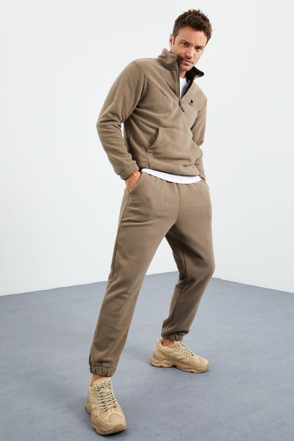 Camel Half Zipper Stand Collar Elastic Cuff Fleece Men's Tracksuit Set - 85159