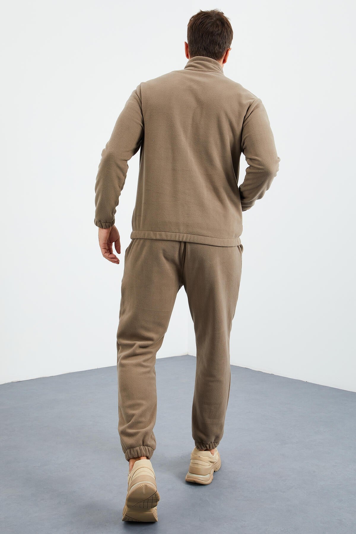 Camel Half Zipper Stand Collar Elastic Cuff Fleece Men's Tracksuit Set - 85159
