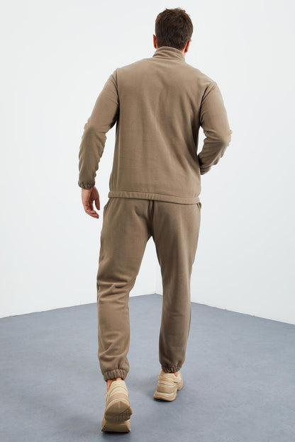 Camel Half Zipper Stand Collar Elastic Cuff Fleece Men's Tracksuit Set - 85159
