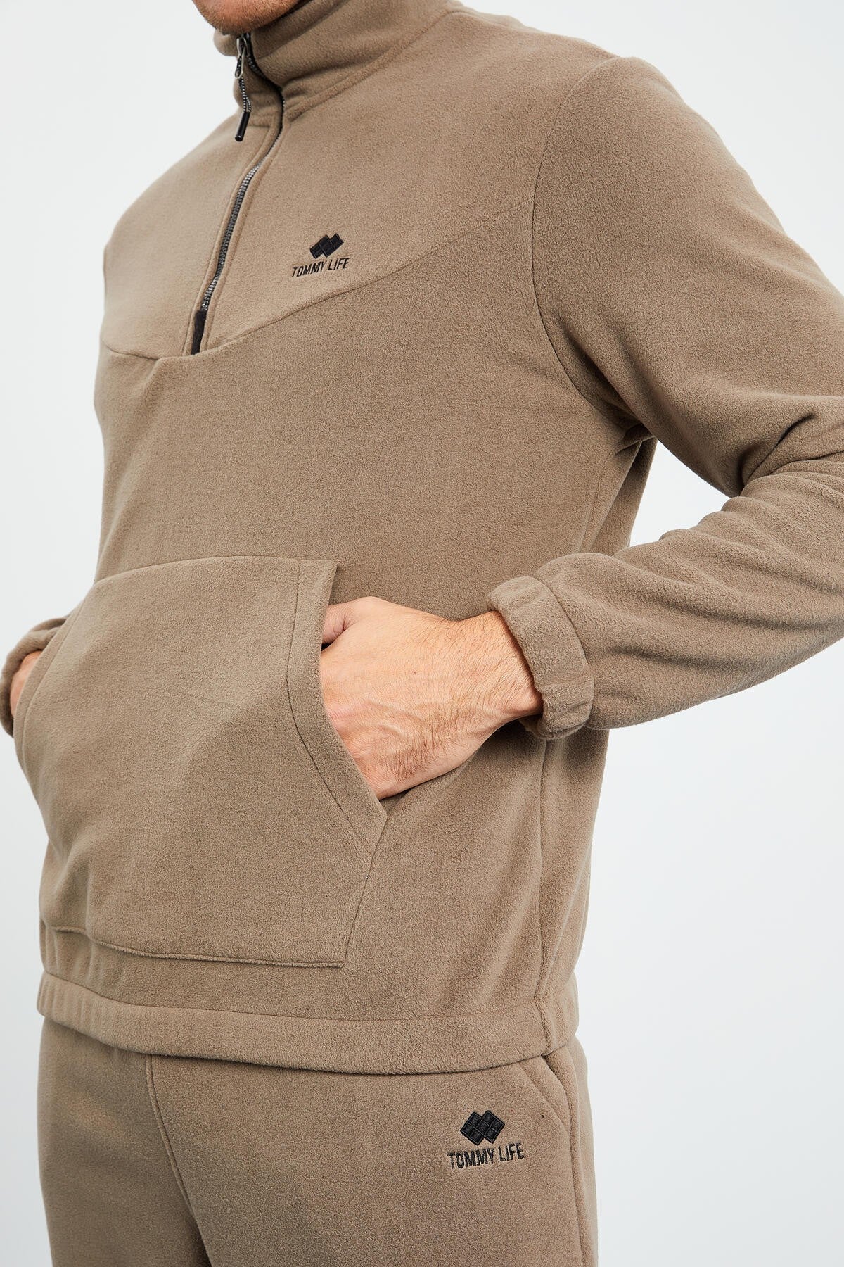 Camel Half Zipper Stand Collar Elastic Cuff Fleece Men's Tracksuit Set - 85159