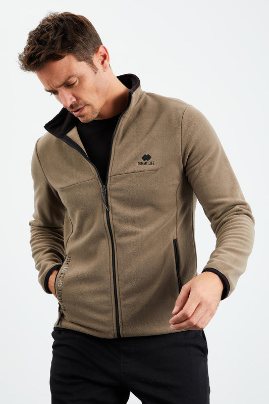Camel Embroidered Straight Collar Zippered Standard Fit Men's Sweatshirt Fleece - 87992