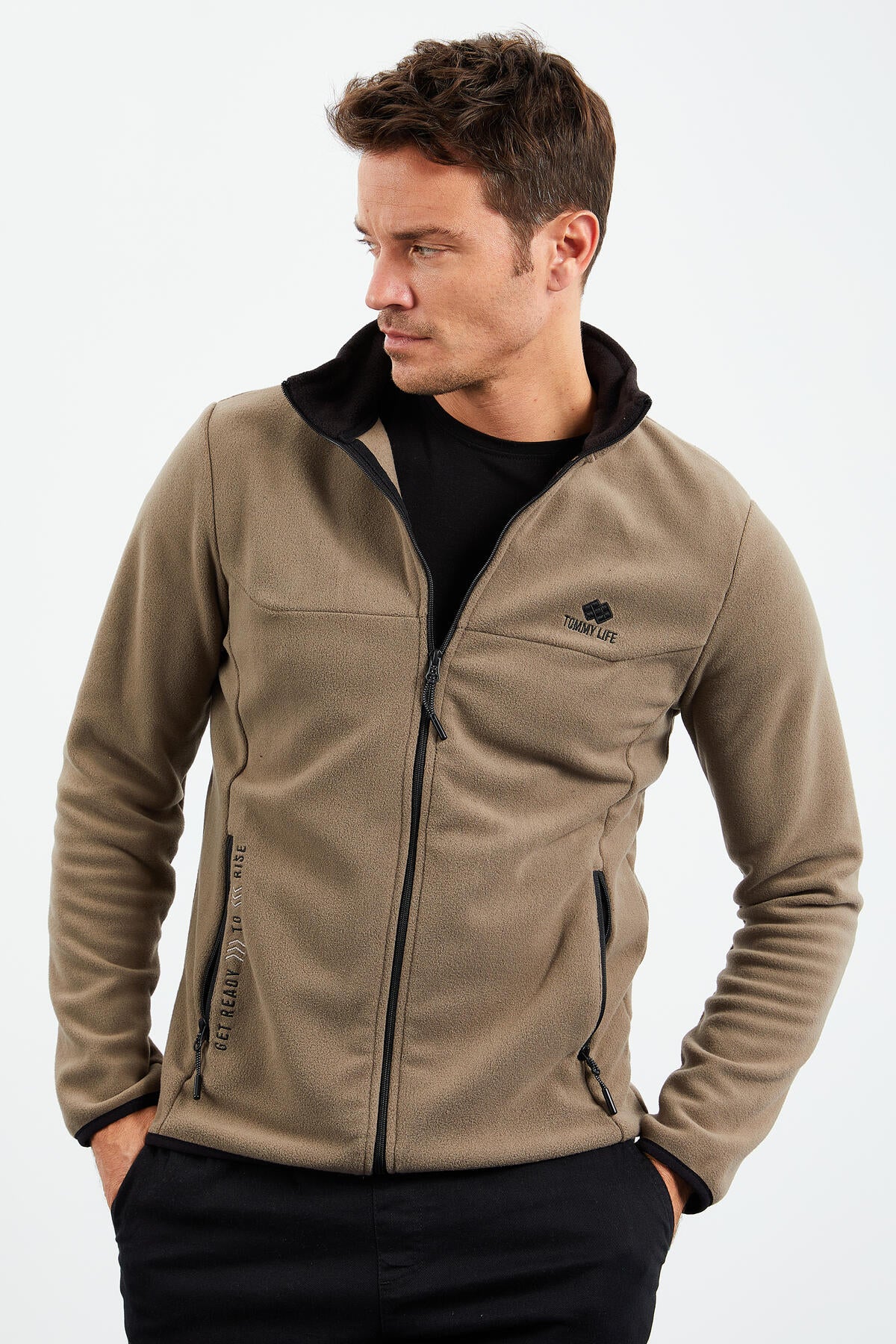 Camel Embroidered Straight Collar Zippered Standard Fit Men's Sweatshirt Fleece - 87992