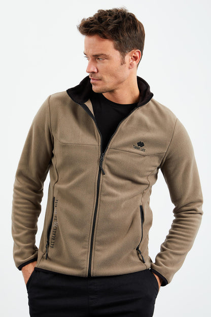 Camel Embroidered Straight Collar Zippered Standard Fit Men's Sweatshirt Fleece - 87992