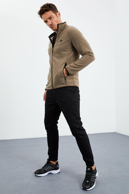 Camel Embroidered Straight Collar Zippered Standard Fit Men's Sweatshirt Fleece - 87992