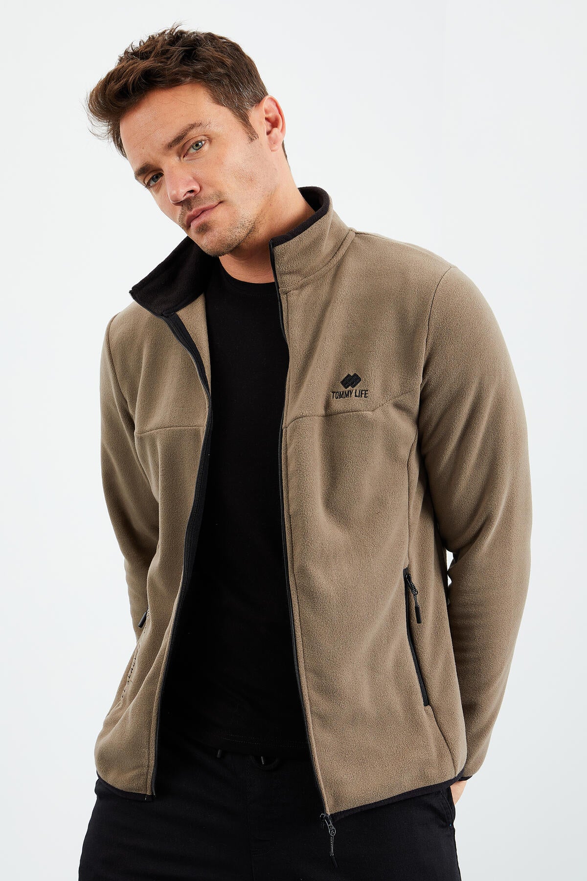 Camel Embroidered Straight Collar Zippered Standard Fit Men's Sweatshirt Fleece - 87992