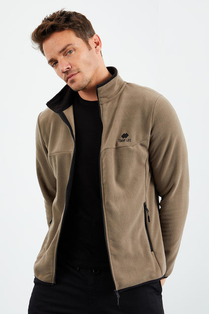 Camel Embroidered Straight Collar Zippered Standard Fit Men's Sweatshirt Fleece - 87992