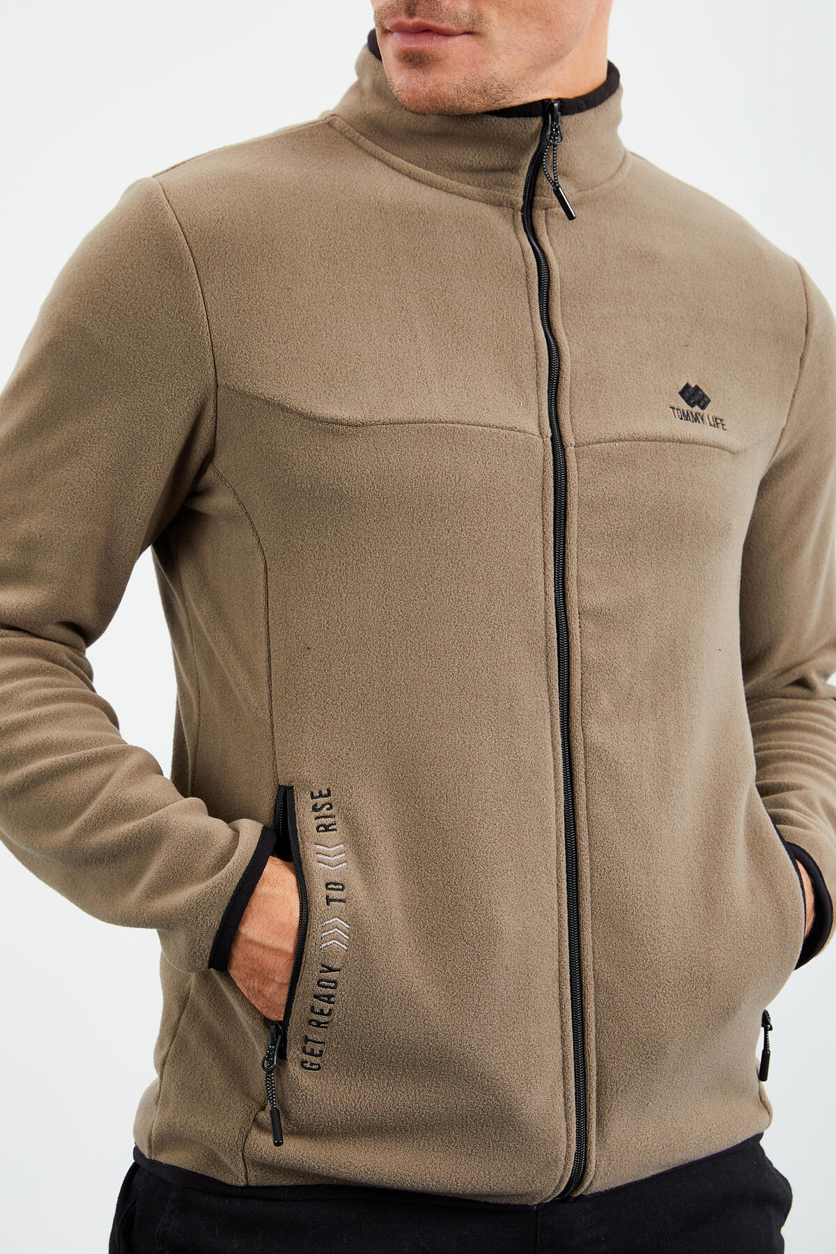Camel Embroidered Straight Collar Zippered Standard Fit Men's Sweatshirt Fleece - 87992