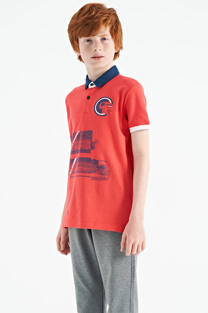 Coral Print Detailed Polo Collar Standard Fit Boys' T-Shirt - 11094