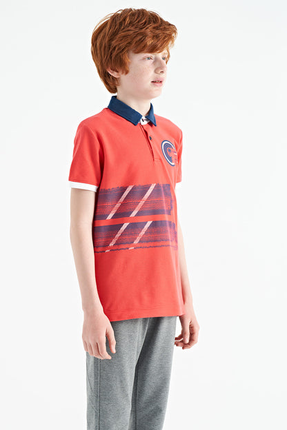 Coral Print Detailed Polo Collar Standard Fit Boys' T-Shirt - 11094