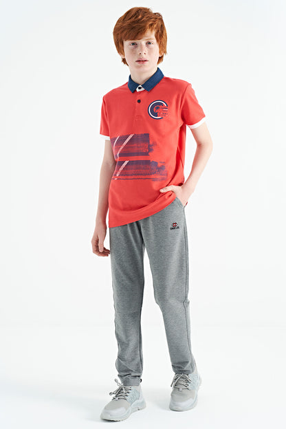 Coral Print Detailed Polo Collar Standard Fit Boys' T-Shirt - 11094
