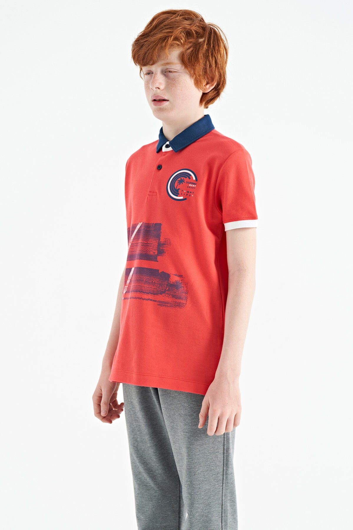 Coral Print Detailed Polo Collar Standard Fit Boys' T-Shirt - 11094