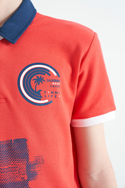 Coral Print Detailed Polo Collar Standard Fit Boys' T-Shirt - 11094