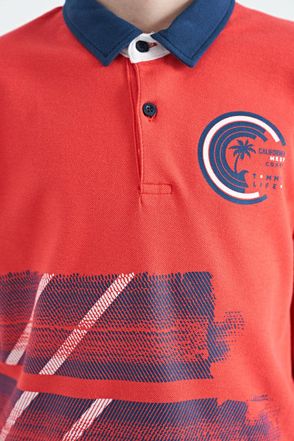 Coral Print Detailed Polo Collar Standard Fit Boys' T-Shirt - 11094