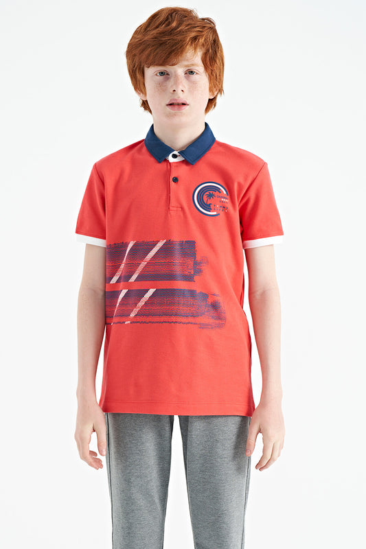 Coral Print Detailed Polo Collar Standard Fit Boys' T-Shirt - 11094