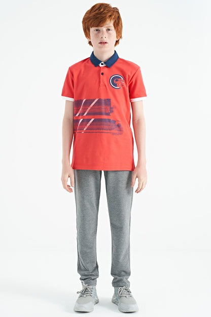 Coral Print Detailed Polo Collar Standard Fit Boys' T-Shirt - 11094