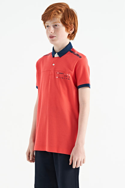 Coral Print Detailed Standard Mold Polo Collar Boys T-Shirt - 11140