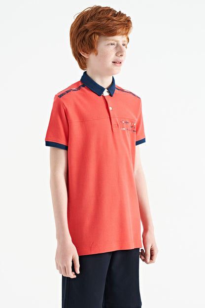 Coral Print Detailed Standard Mold Polo Collar Boys T-Shirt - 11140