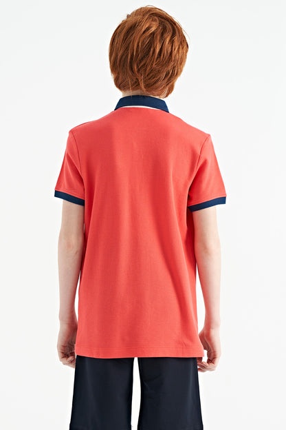 Coral Print Detailed Standard Mold Polo Collar Boys T-Shirt - 11140