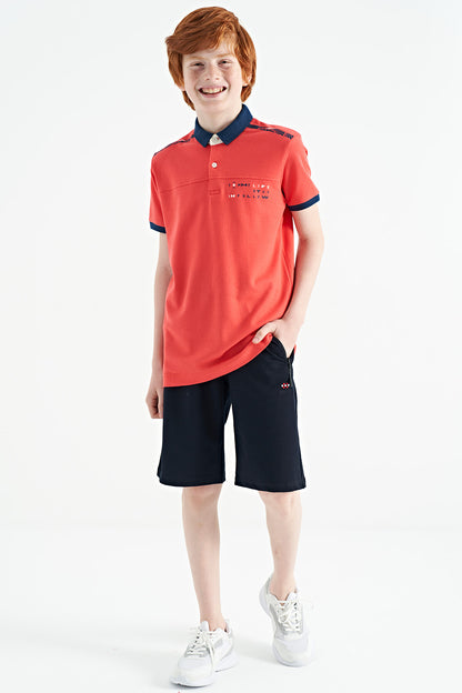 Coral Print Detailed Standard Mold Polo Collar Boys T-Shirt - 11140