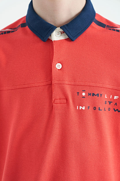 Coral Print Detailed Standard Mold Polo Collar Boys T-Shirt - 11140