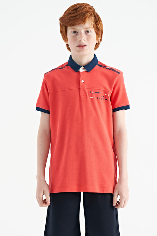 Coral Print Detailed Standard Mold Polo Collar Boys T-Shirt - 11140