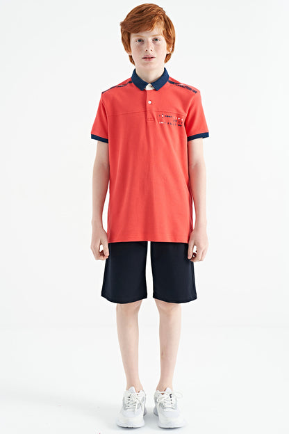Coral Print Detailed Standard Mold Polo Collar Boys T-Shirt - 11140