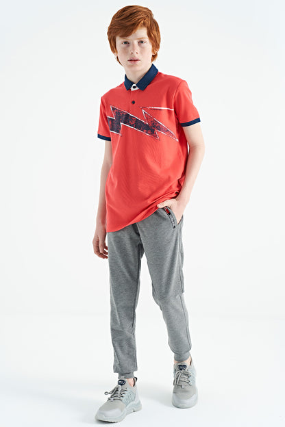 Coral Print Detailed Standard Mold Polo Collar Boys T-Shirt - 11154
