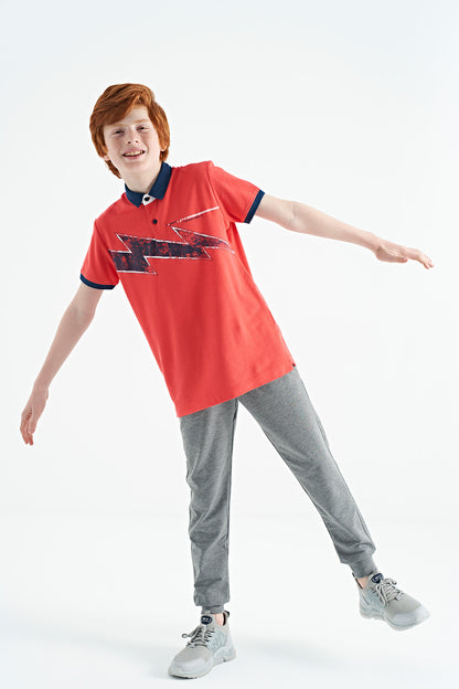 Coral Print Detailed Standard Mold Polo Collar Boys T-Shirt - 11154