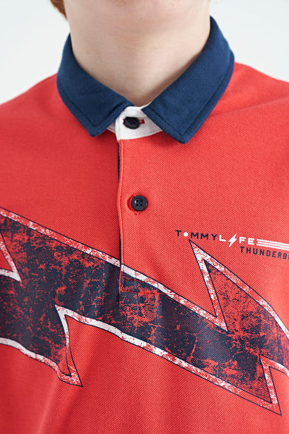 Coral Print Detailed Standard Mold Polo Collar Boys T-Shirt - 11154