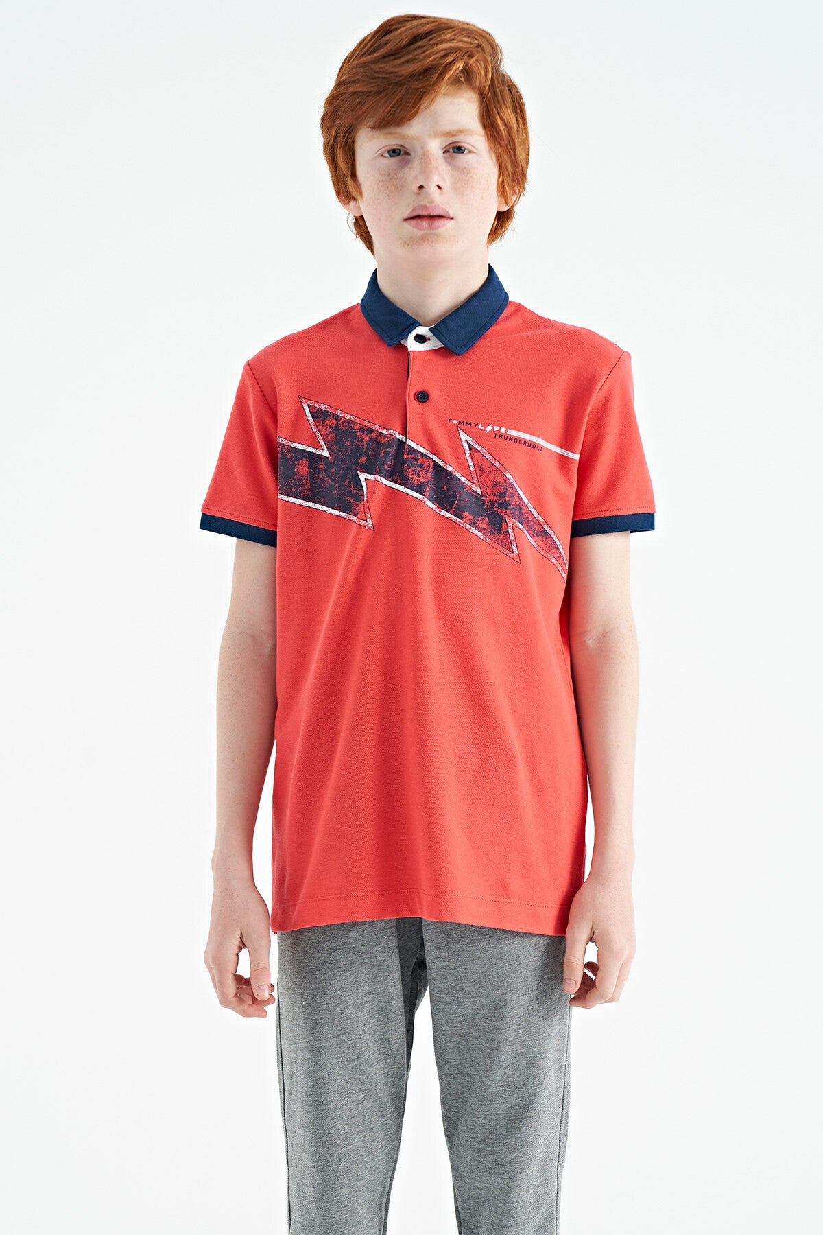 Coral Print Detailed Standard Mold Polo Collar Boys T-Shirt - 11154