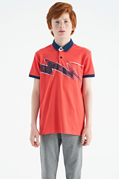 Coral Print Detailed Standard Mold Polo Collar Boys T-Shirt - 11154